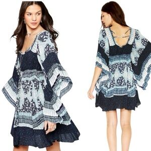 Free People Heart of Gold Dress - Indigo blue fairy sleeve mini bohemian size M